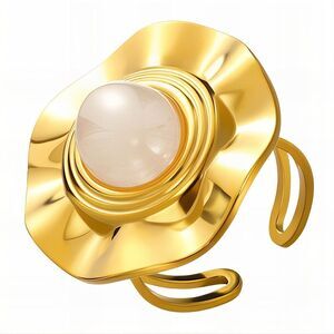 18K Gold Plated Womens Faux Centered Gem Open Back Ring Modern Design Waterproof